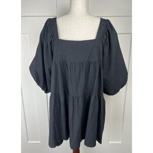 SNDYS Black Linen Blend Babydoll Dress Square Neck Puff Sleeve Open Back XL